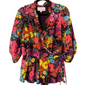 Les Rêveries Puff Sleeve 100% silk bright floral Wrap Top made in USA